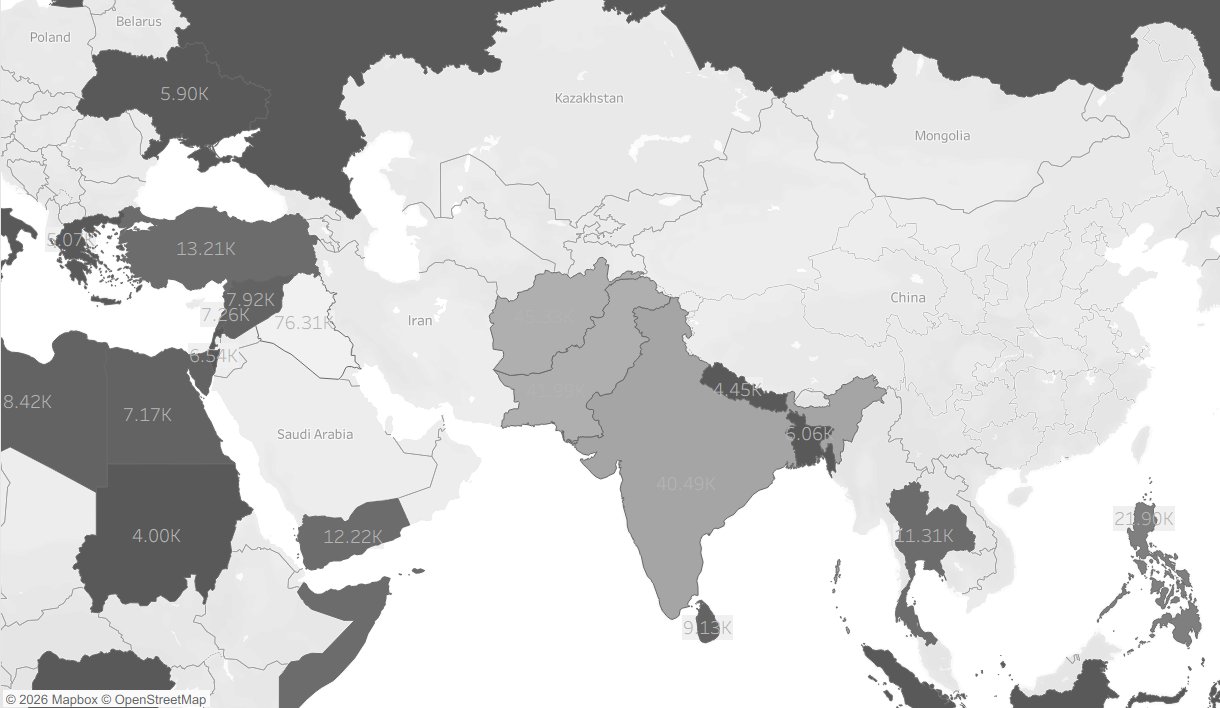 Regional attack density map showing South Asia and Middle East concentration