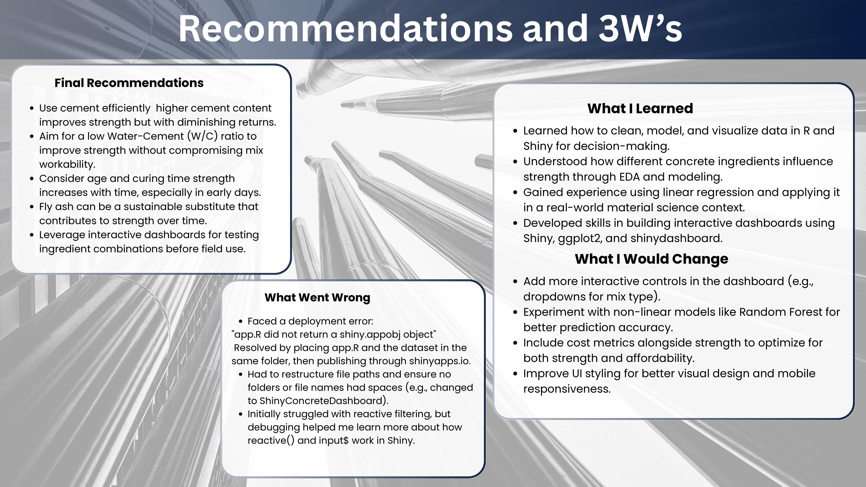 Recommendations slide summarizing actionable mix design guidance